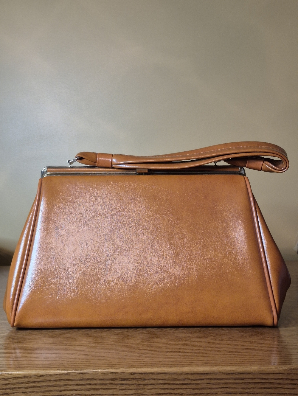 Classic Structured Cognac Faux Leather Frame Bag Vintage